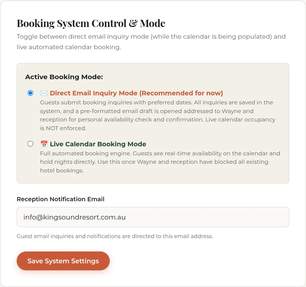 Booking Mode &#x26; Settings